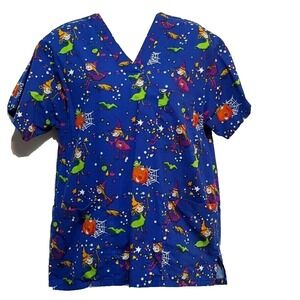 Peaches Uniforms Scrub Top XS Halloween Pumpkins‎ Witch Blue